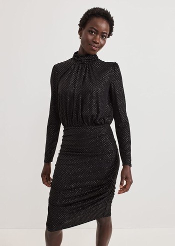 Phase Eight Tessa Glitter Printed Fitted Dress Black Canada | UPQXAN-271